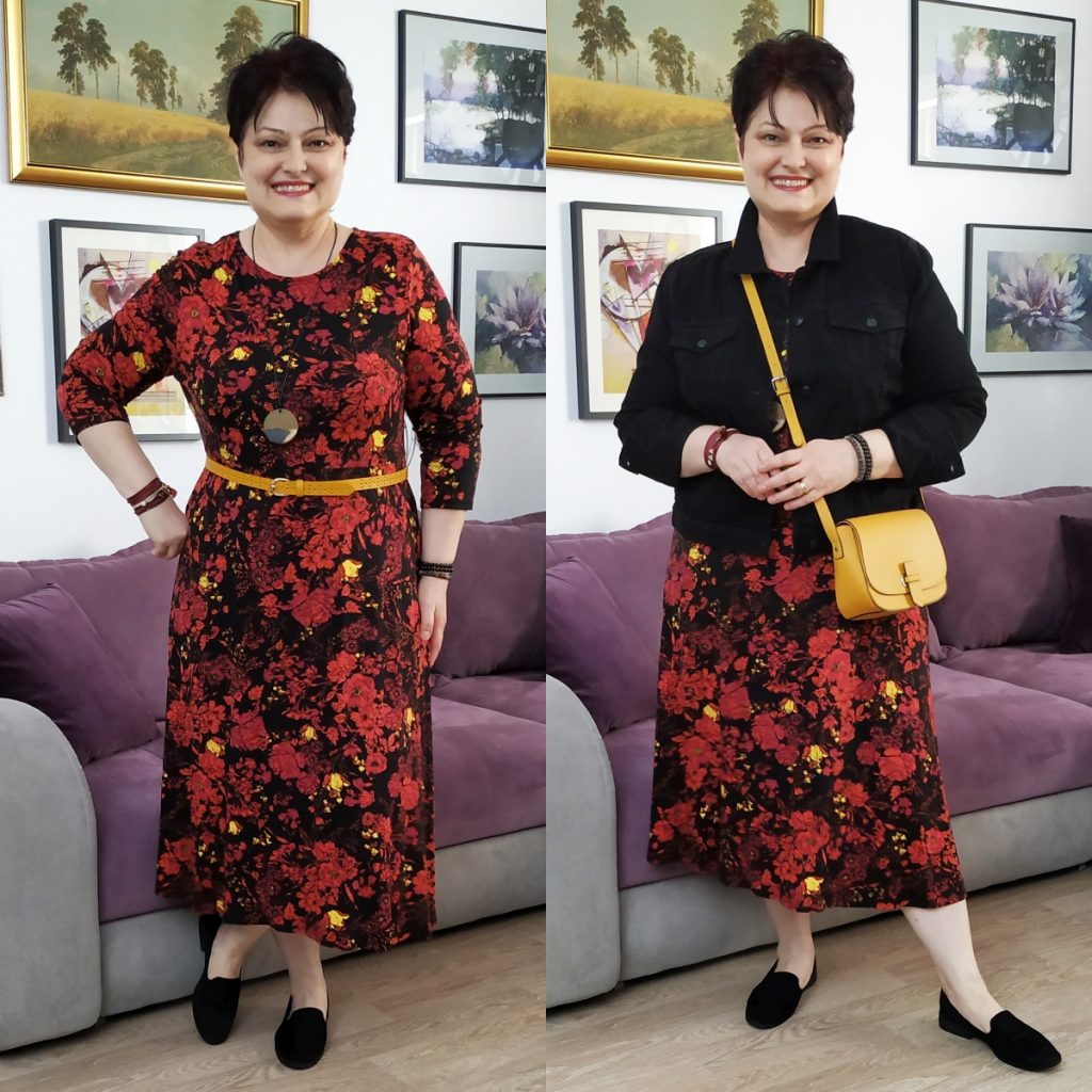 rochie înflorată şi geacă de blugi neagră Dorothy Perkins