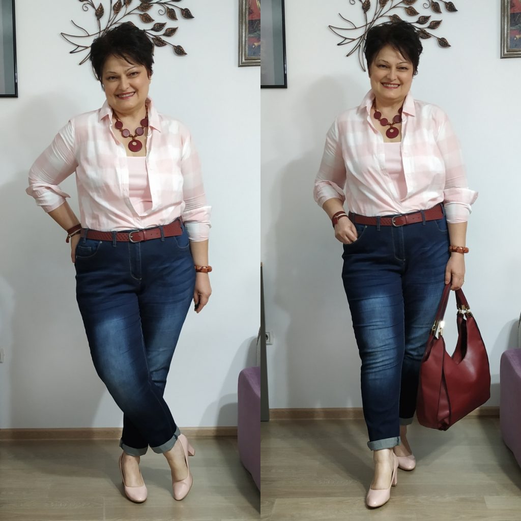 blugi boyfriend şi cămaşă în carouri Bonprix
