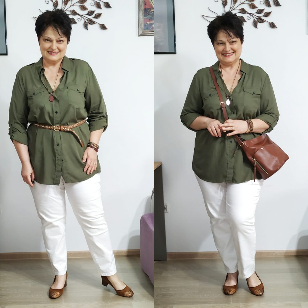 cămaşă kaki şi blugi albi Bonprix